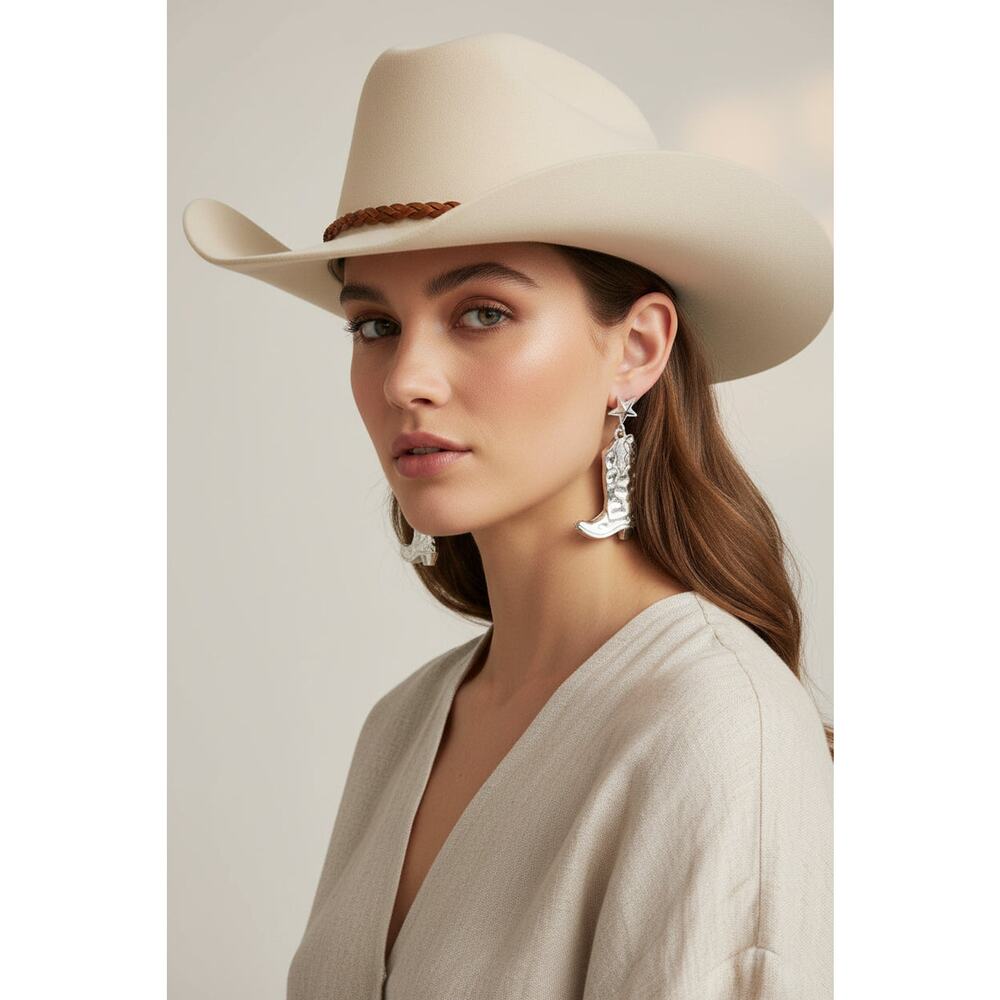 Western 2 1/2" pierced silver dangle hammered star and boot earrings